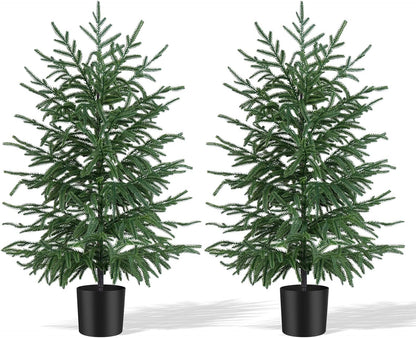 Grooy 2 Pack 3FT Artificial Norfolk Pine Tree with Pot - UV Protection Faux Tree Fake Plants with PE Branch for Indoor Outdoor Home Front Porch Christmas Decor