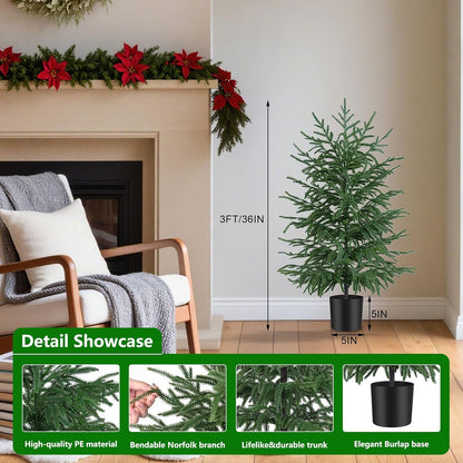 Grooy 2 Pack 3FT Artificial Norfolk Pine Tree with Pot - UV Protection Faux Tree Fake Plants with PE Branch for Indoor Outdoor Home Front Porch Christmas Decor