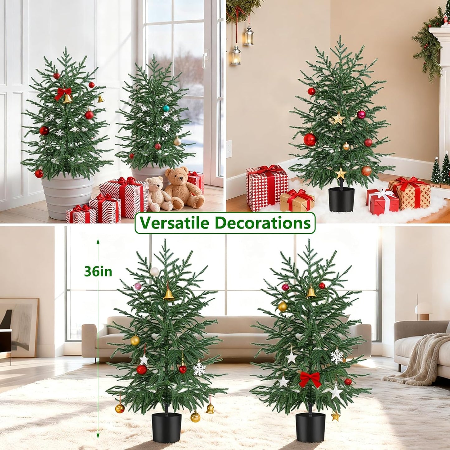 Grooy 2 Pack 3FT Artificial Norfolk Pine Tree with Pot - UV Protection Faux Tree Fake Plants with PE Branch for Indoor Outdoor Home Front Porch Christmas Decor