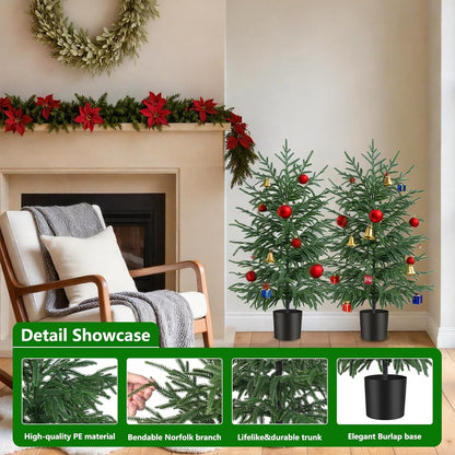 Grooy 2 Pack 3FT Artificial Norfolk Pine Tree with Pot - UV Protection Faux Tree Fake Plants with PE Branch for Indoor Outdoor Home Front Porch Christmas Decor