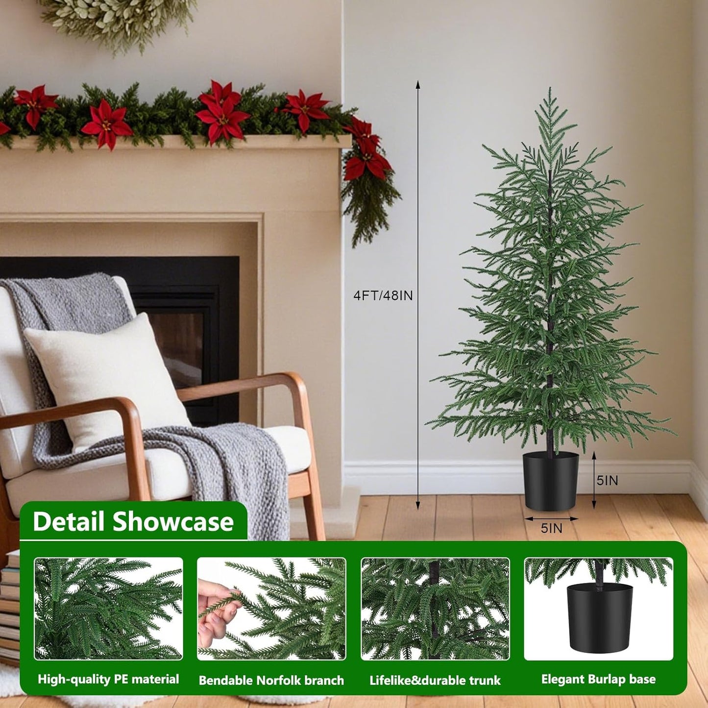 Grooy 2 Pack 3FT Artificial Norfolk Pine Tree with Pot - UV Protection Faux Tree Fake Plants with PE Branch for Indoor Outdoor Home Front Porch Christmas Decor
