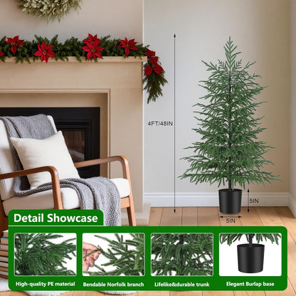 Grooy 2 Pack 3FT Artificial Norfolk Pine Tree with Pot - UV Protection Faux Tree Fake Plants with PE Branch for Indoor Outdoor Home Front Porch Christmas Decor