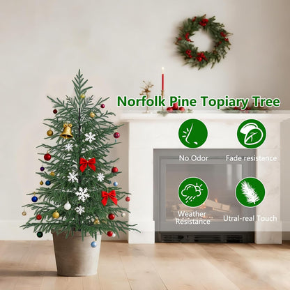 Grooy 2 Pack 3FT Artificial Norfolk Pine Tree with Pot - UV Protection Faux Tree Fake Plants with PE Branch for Indoor Outdoor Home Front Porch Christmas Decor
