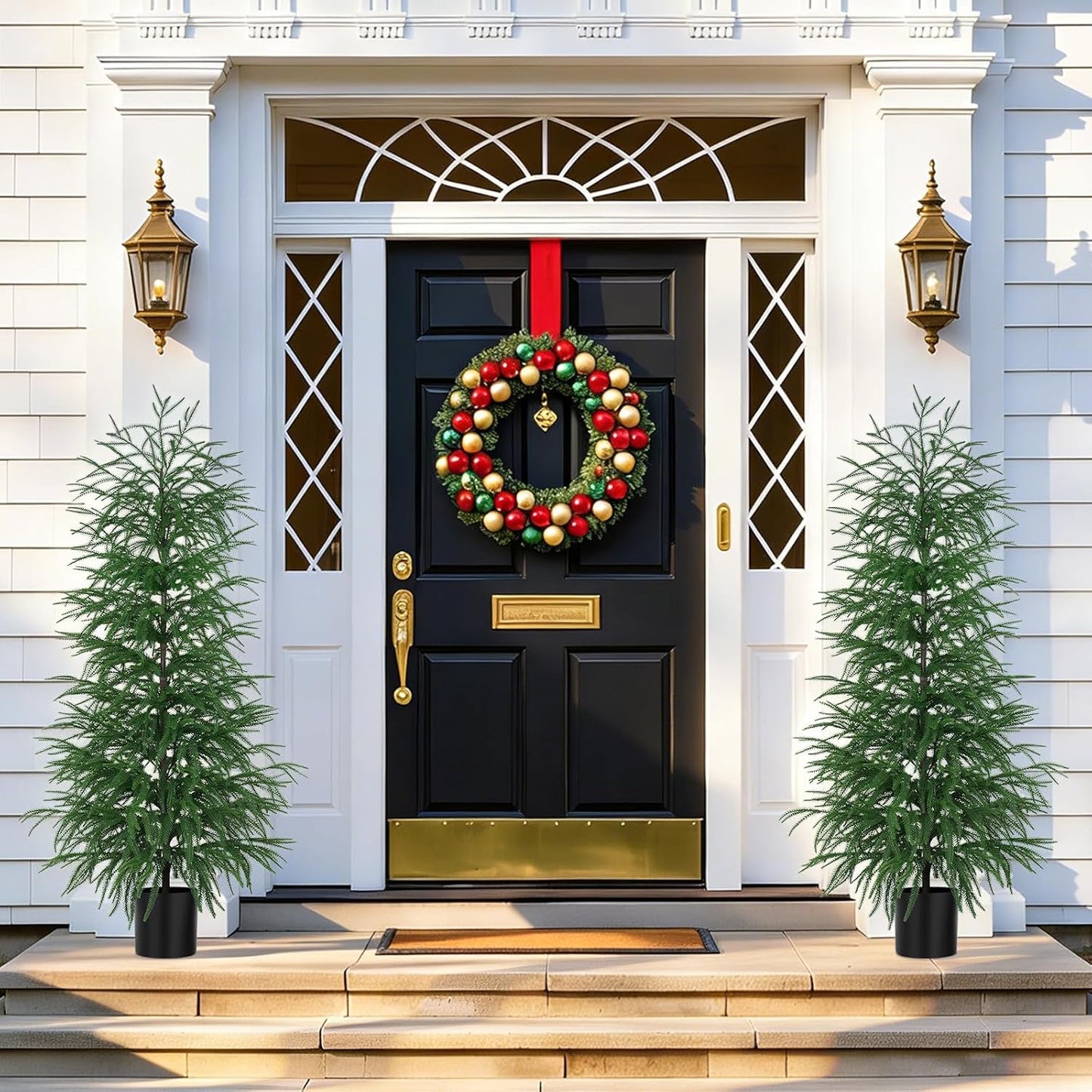 Grooy 2 Pack 3FT Artificial Norfolk Pine Tree with Pot - UV Protection Faux Tree Fake Plants with PE Branch for Indoor Outdoor Home Front Porch Christmas Decor