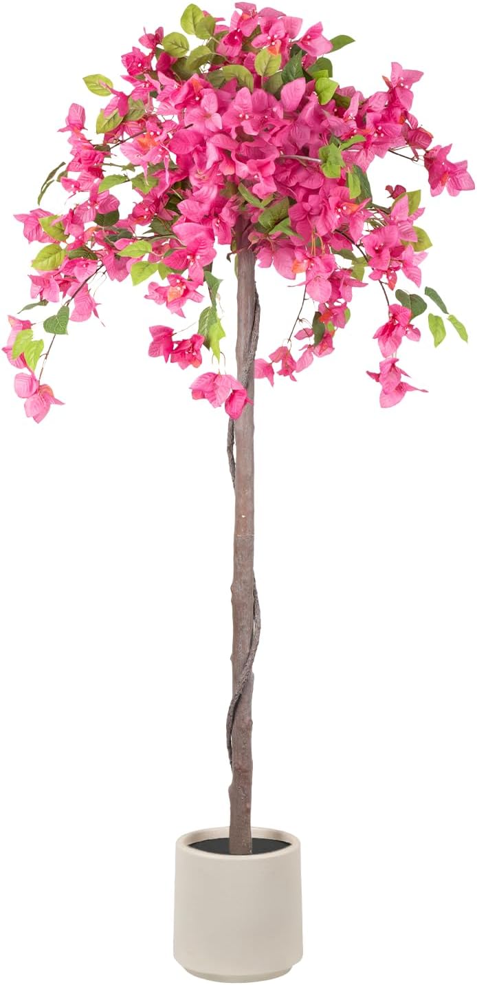 5FT Fake Bougainvillea Tree with Pink Blossoms – Lifelike Artificial Flowering Plant for Indoor Home Decor, Ideal for Entryway, Living Room, or Balcony