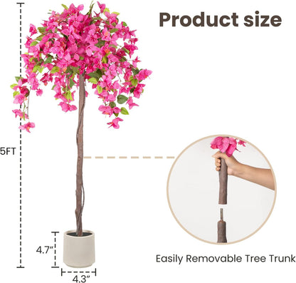 5FT Fake Bougainvillea Tree with Pink Blossoms – Lifelike Artificial Flowering Plant for Indoor Home Decor, Ideal for Entryway, Living Room, or Balcony