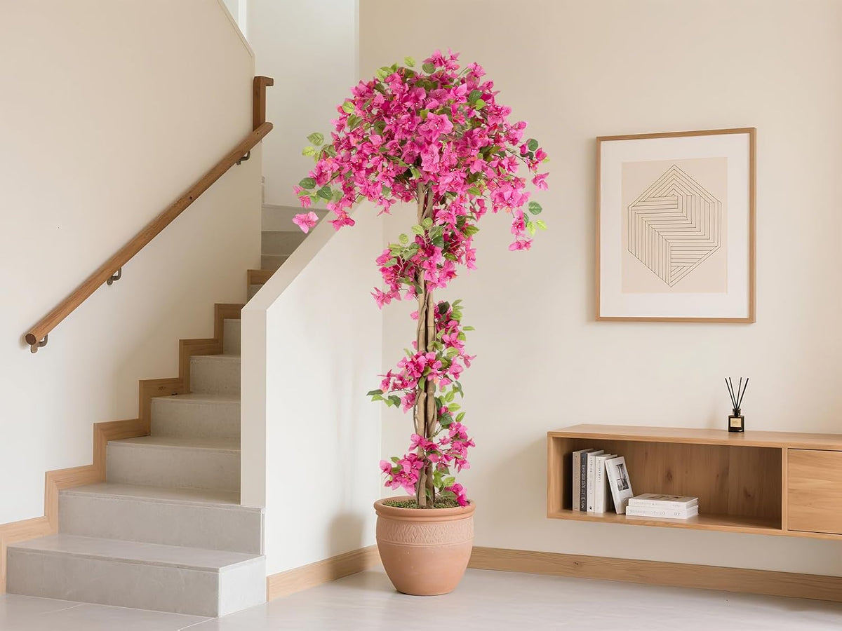 5FT Fake Bougainvillea Tree with Pink Blossoms – Lifelike Artificial Flowering Plant for Indoor Home Decor, Ideal for Entryway, Living Room, or Balcony