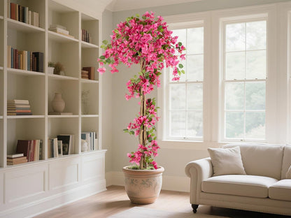 5FT Fake Bougainvillea Tree with Pink Blossoms – Lifelike Artificial Flowering Plant for Indoor Home Decor, Ideal for Entryway, Living Room, or Balcony