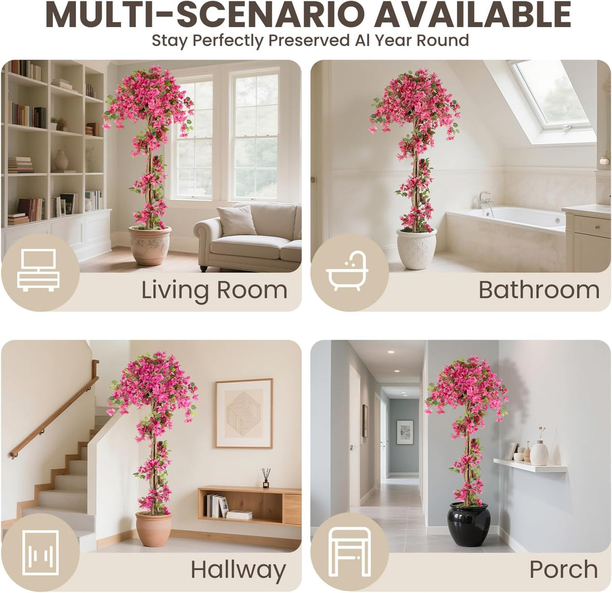 5FT Fake Bougainvillea Tree with Pink Blossoms – Lifelike Artificial Flowering Plant for Indoor Home Decor, Ideal for Entryway, Living Room, or Balcony