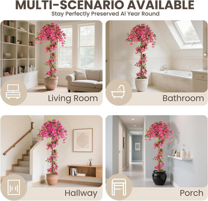 5FT Fake Bougainvillea Tree with Pink Blossoms – Lifelike Artificial Flowering Plant for Indoor Home Decor, Ideal for Entryway, Living Room, or Balcony