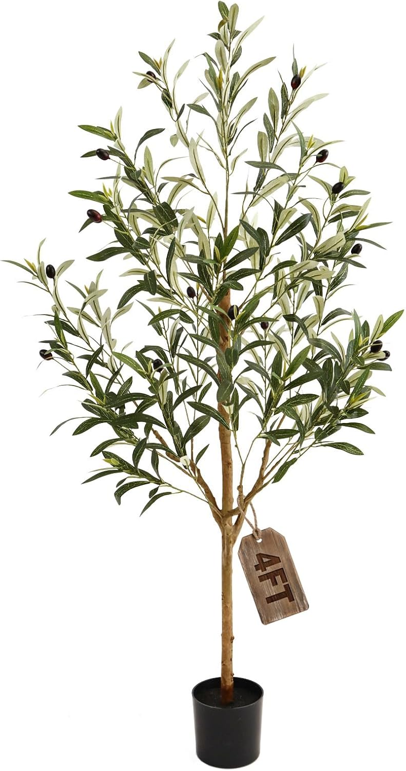 4FT Olive Trees Artificial Indoor,Fake Olive Tree with Natural Wood Trunk and Olive Branches and Lifelike Fruits,Faux Olive Tree for Home Office House Living Room Decor.