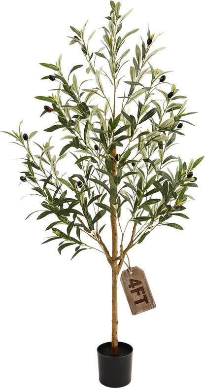 4FT Olive Trees Artificial Indoor,Fake Olive Tree with Natural Wood Trunk and Olive Branches and Lifelike Fruits,Faux Olive Tree for Home Office House Living Room Decor.