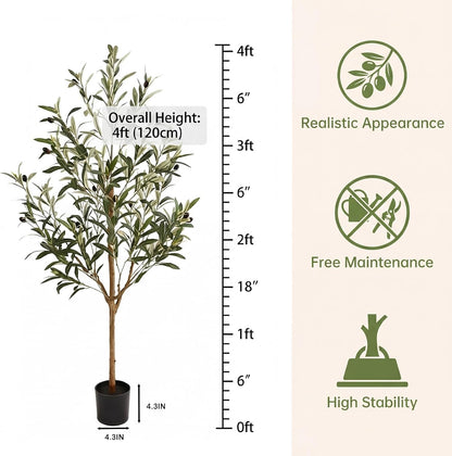 4FT Olive Trees Artificial Indoor,Fake Olive Tree with Natural Wood Trunk and Olive Branches and Lifelike Fruits,Faux Olive Tree for Home Office House Living Room Decor.