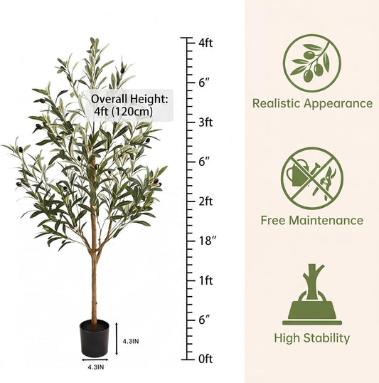 4FT Olive Trees Artificial Indoor,Fake Olive Tree with Natural Wood Trunk and Olive Branches and Lifelike Fruits,Faux Olive Tree for Home Office House Living Room Decor.