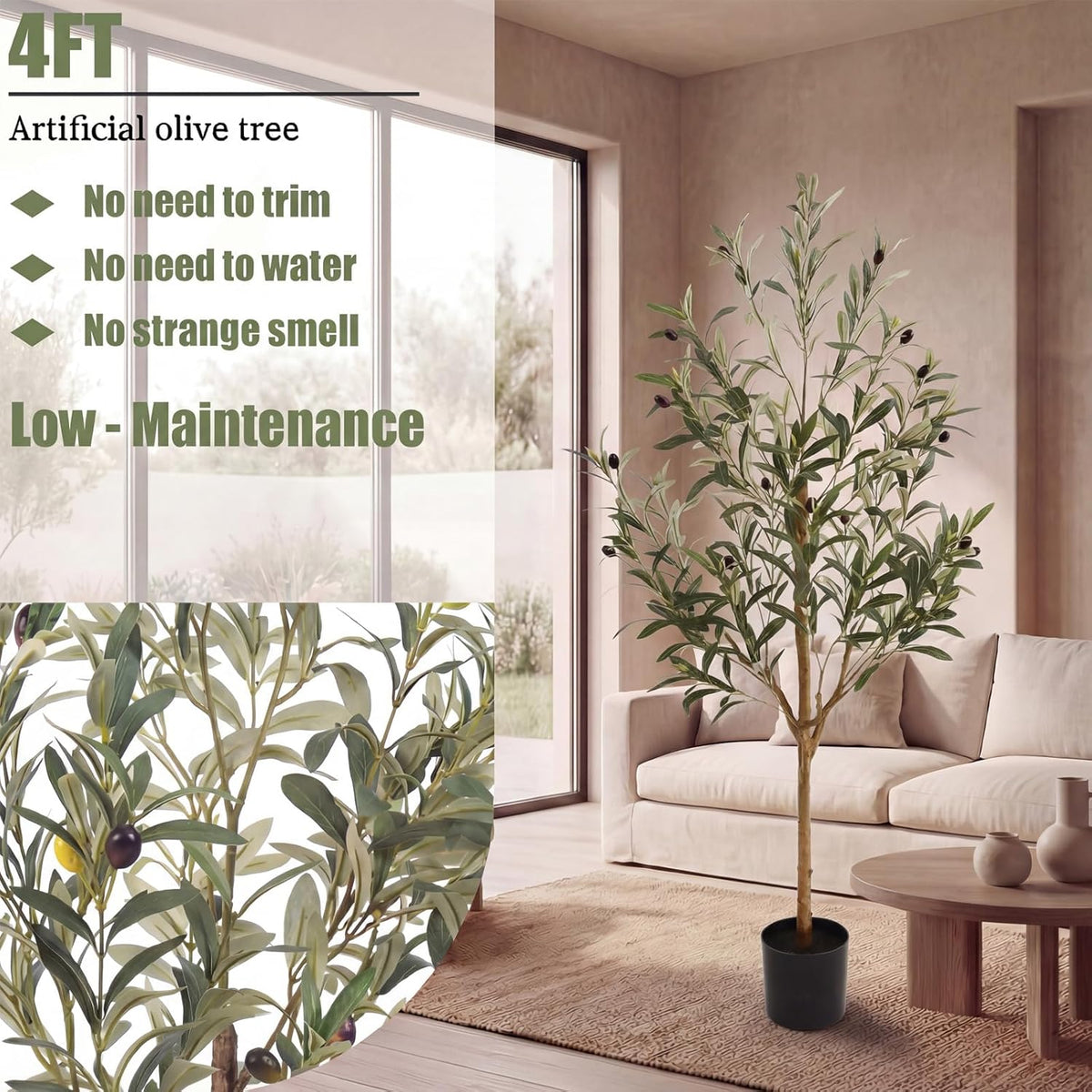 4FT Olive Trees Artificial Indoor,Fake Olive Tree with Natural Wood Trunk and Olive Branches and Lifelike Fruits,Faux Olive Tree for Home Office House Living Room Decor.