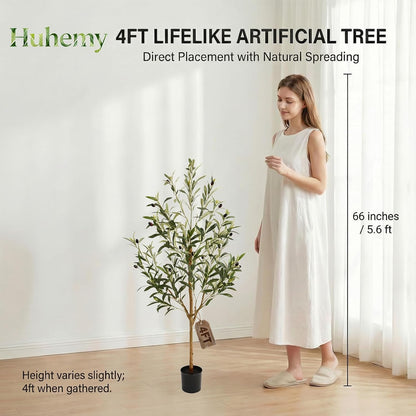 4FT Olive Trees Artificial Indoor,Fake Olive Tree with Natural Wood Trunk and Olive Branches and Lifelike Fruits,Faux Olive Tree for Home Office House Living Room Decor.