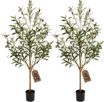 4FT Olive Trees Artificial Indoor,Fake Olive Tree with Natural Wood Trunk and Olive Branches and Lifelike Fruits,Faux Olive Tree for Home Office House Living Room Decor.