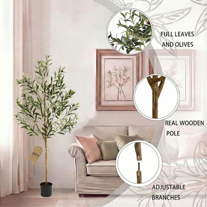 4FT Olive Trees Artificial Indoor,Fake Olive Tree with Natural Wood Trunk and Olive Branches and Lifelike Fruits,Faux Olive Tree for Home Office House Living Room Decor.