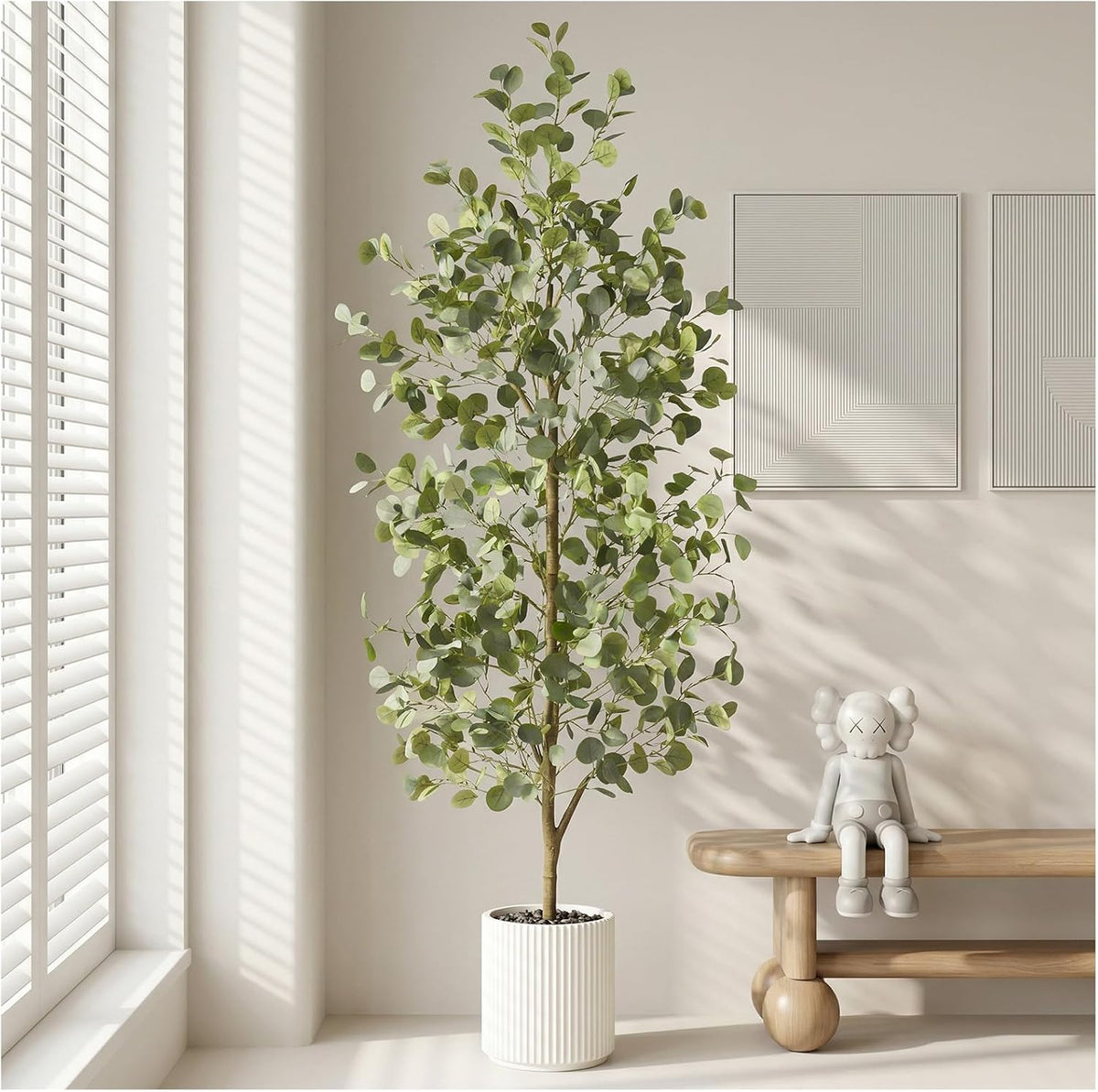 6FT Tall Fake Eucalyptus Plant, Green Silver Dollar Leaves Faux Tree, Artificial Eucalyptus Tree Potted Silk Faux Eucalyptus Tree for Home Office Livingroom Floor Decor Indoor (1, White, 6FT)