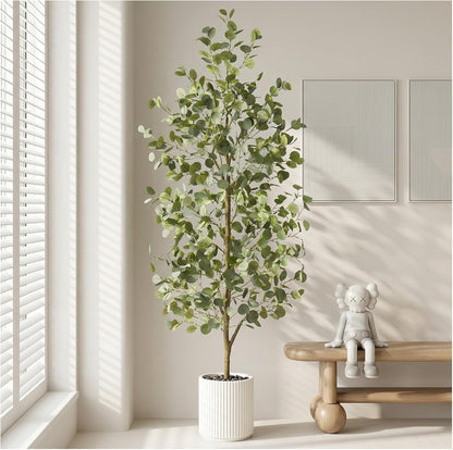 6FT Tall Fake Eucalyptus Plant, Green Silver Dollar Leaves Faux Tree, Artificial Eucalyptus Tree Potted Silk Faux Eucalyptus Tree for Home Office Livingroom Floor Decor Indoor (1, White, 6FT)