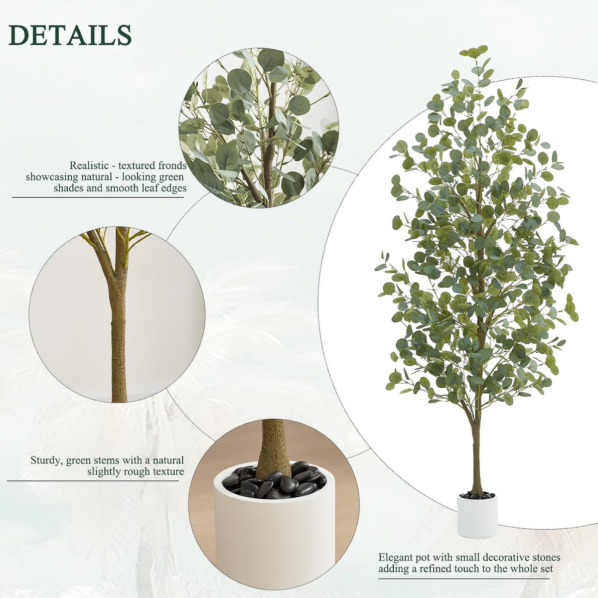 6FT Tall Fake Eucalyptus Plant, Green Silver Dollar Leaves Faux Tree, Artificial Eucalyptus Tree Potted Silk Faux Eucalyptus Tree for Home Office Livingroom Floor Decor Indoor (1, White, 6FT)