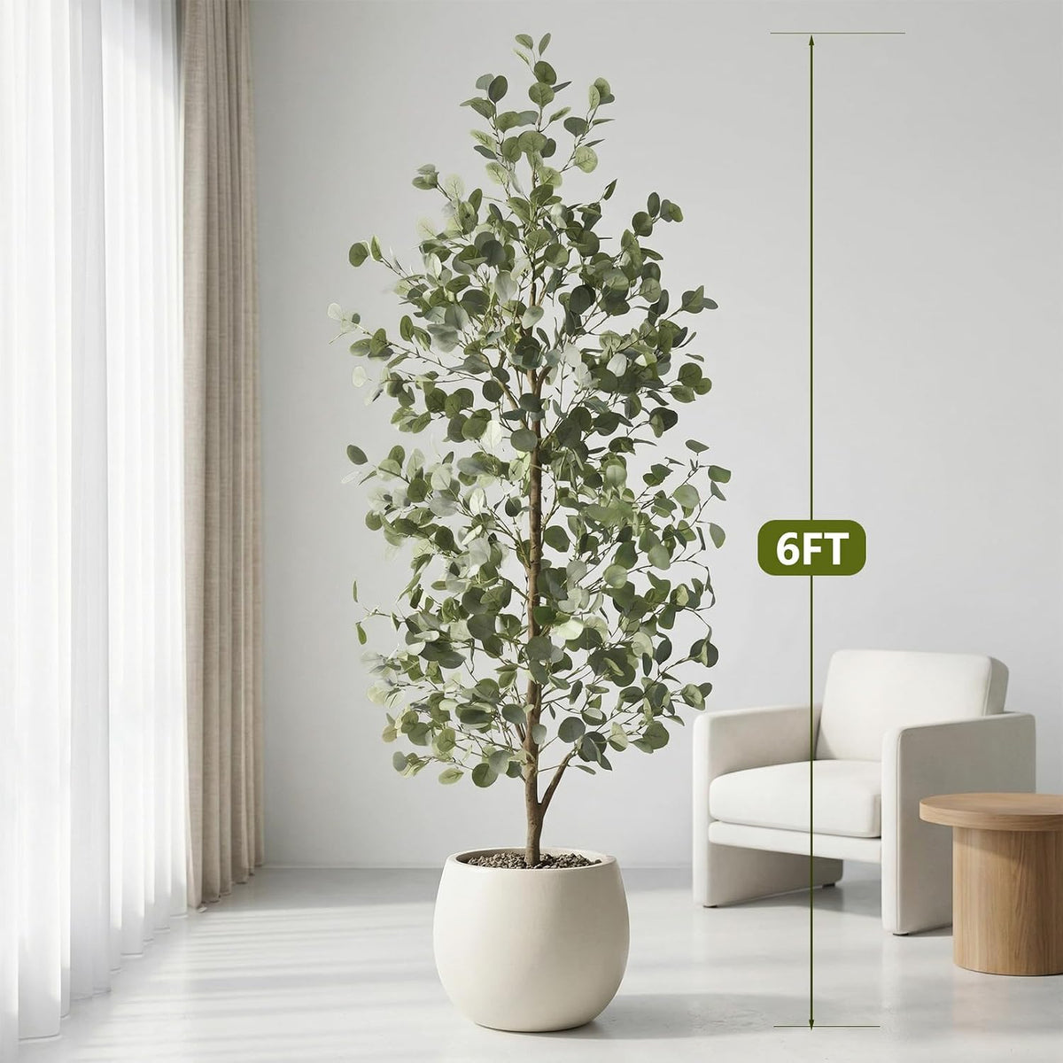 6FT Tall Fake Eucalyptus Plant, Green Silver Dollar Leaves Faux Tree, Artificial Eucalyptus Tree Potted Silk Faux Eucalyptus Tree for Home Office Livingroom Floor Decor Indoor (1, White, 6FT)