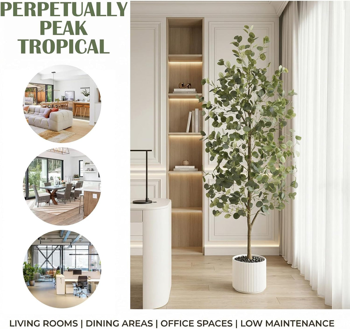 6FT Tall Fake Eucalyptus Plant, Green Silver Dollar Leaves Faux Tree, Artificial Eucalyptus Tree Potted Silk Faux Eucalyptus Tree for Home Office Livingroom Floor Decor Indoor (1, White, 6FT)