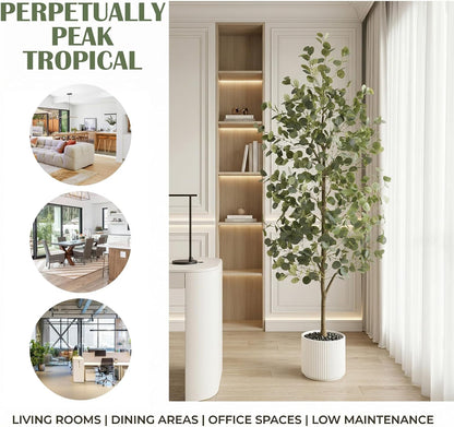 6FT Tall Fake Eucalyptus Plant, Green Silver Dollar Leaves Faux Tree, Artificial Eucalyptus Tree Potted Silk Faux Eucalyptus Tree for Home Office Livingroom Floor Decor Indoor (1, White, 6FT)