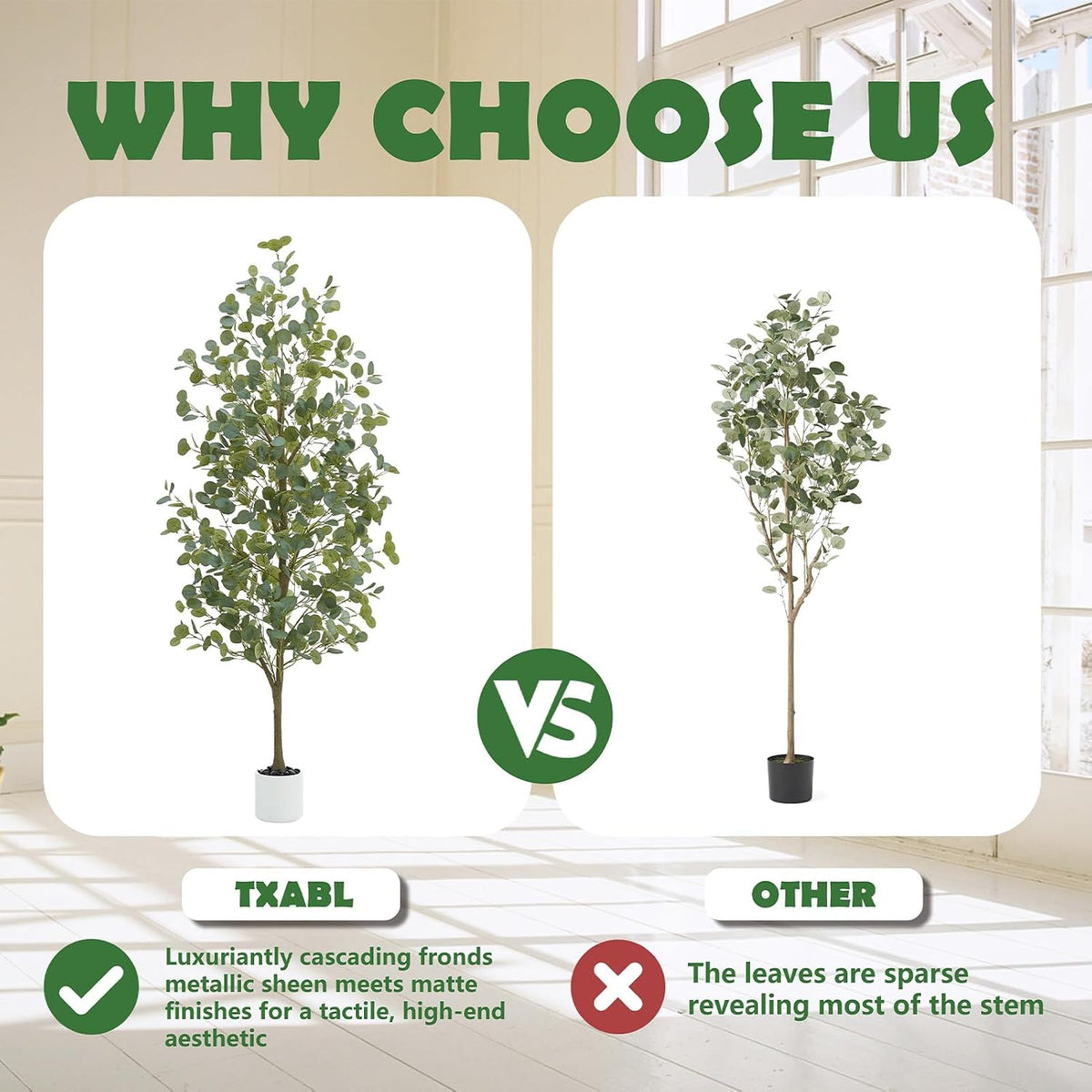 6FT Tall Fake Eucalyptus Plant, Green Silver Dollar Leaves Faux Tree, Artificial Eucalyptus Tree Potted Silk Faux Eucalyptus Tree for Home Office Livingroom Floor Decor Indoor (1, White, 6FT)