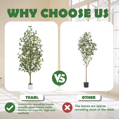 6FT Tall Fake Eucalyptus Plant, Green Silver Dollar Leaves Faux Tree, Artificial Eucalyptus Tree Potted Silk Faux Eucalyptus Tree for Home Office Livingroom Floor Decor Indoor (1, White, 6FT)