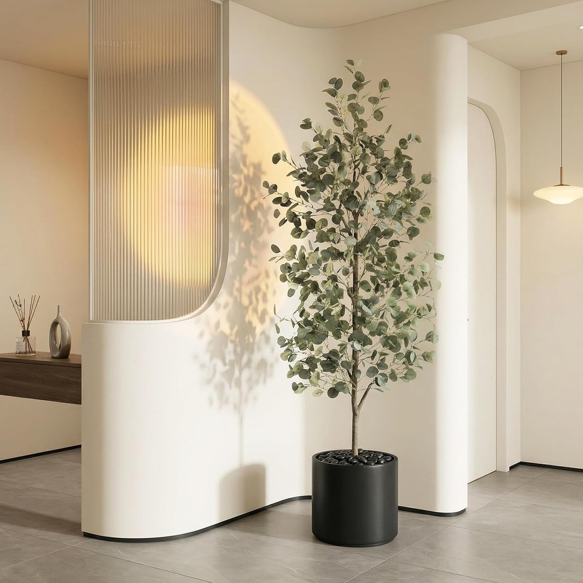 6FT Tall Fake Eucalyptus Plant, Green Silver Dollar Leaves Faux Tree, Artificial Eucalyptus Tree Potted Silk Faux Eucalyptus Tree for Home Office Livingroom Floor Decor Indoor (1, White, 6FT)