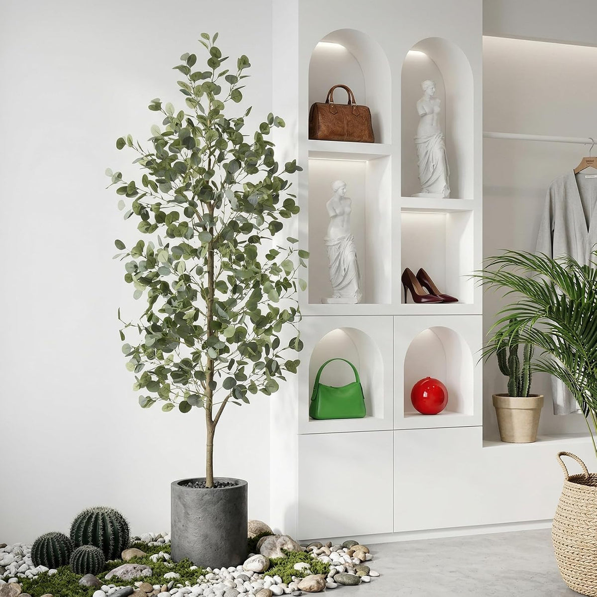 6FT Tall Fake Eucalyptus Plant, Green Silver Dollar Leaves Faux Tree, Artificial Eucalyptus Tree Potted Silk Faux Eucalyptus Tree for Home Office Livingroom Floor Decor Indoor (1, White, 6FT)