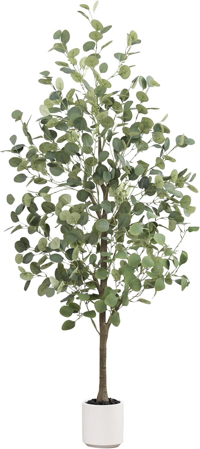 6FT Tall Fake Eucalyptus Plant, Green Silver Dollar Leaves Faux Tree, Artificial Eucalyptus Tree Potted Silk Faux Eucalyptus Tree for Home Office Livingroom Floor Decor Indoor (1, White, 6FT)