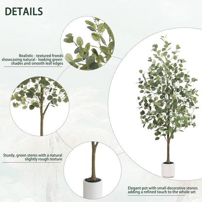 6FT Tall Fake Eucalyptus Plant, Green Silver Dollar Leaves Faux Tree, Artificial Eucalyptus Tree Potted Silk Faux Eucalyptus Tree for Home Office Livingroom Floor Decor Indoor (1, White, 6FT)