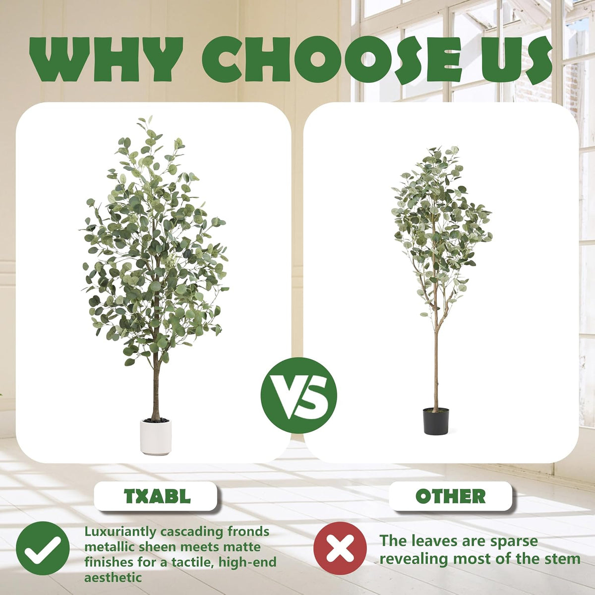 6FT Tall Fake Eucalyptus Plant, Green Silver Dollar Leaves Faux Tree, Artificial Eucalyptus Tree Potted Silk Faux Eucalyptus Tree for Home Office Livingroom Floor Decor Indoor (1, White, 6FT)