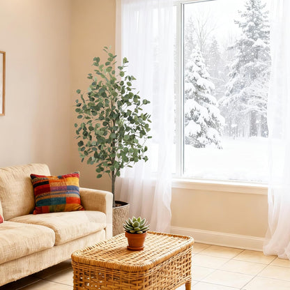 6FT Tall Fake Eucalyptus Plant, Green Silver Dollar Leaves Faux Tree, Artificial Eucalyptus Tree Potted Silk Faux Eucalyptus Tree for Home Office Livingroom Floor Decor Indoor (1, White, 6FT)