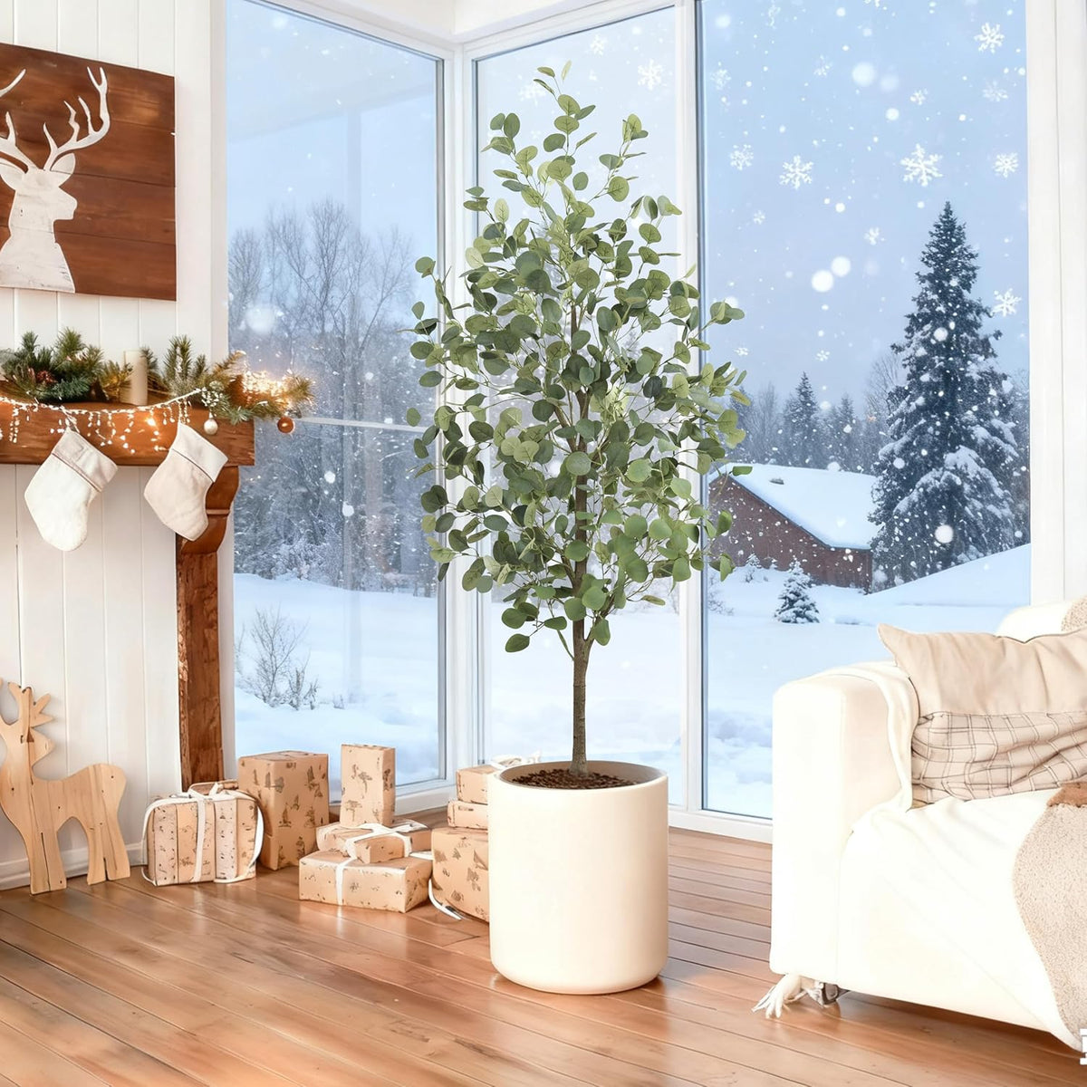 6FT Tall Fake Eucalyptus Plant, Green Silver Dollar Leaves Faux Tree, Artificial Eucalyptus Tree Potted Silk Faux Eucalyptus Tree for Home Office Livingroom Floor Decor Indoor (1, White, 6FT)