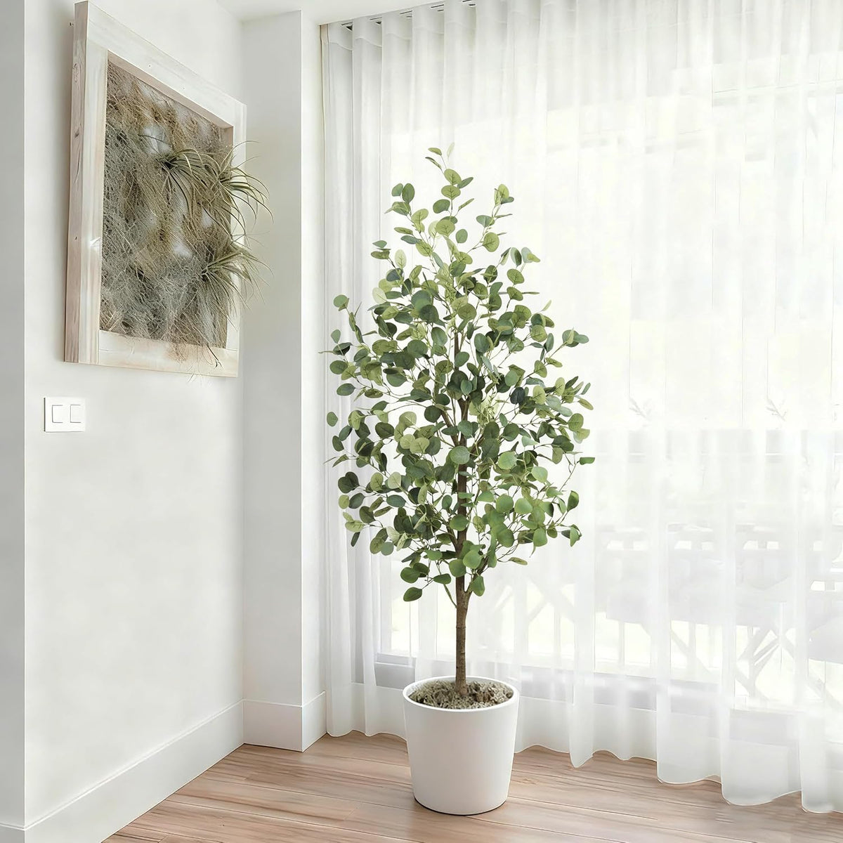 6FT Tall Fake Eucalyptus Plant, Green Silver Dollar Leaves Faux Tree, Artificial Eucalyptus Tree Potted Silk Faux Eucalyptus Tree for Home Office Livingroom Floor Decor Indoor (1, White, 6FT)