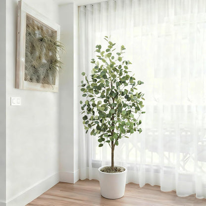 6FT Tall Fake Eucalyptus Plant, Green Silver Dollar Leaves Faux Tree, Artificial Eucalyptus Tree Potted Silk Faux Eucalyptus Tree for Home Office Livingroom Floor Decor Indoor (1, White, 6FT)