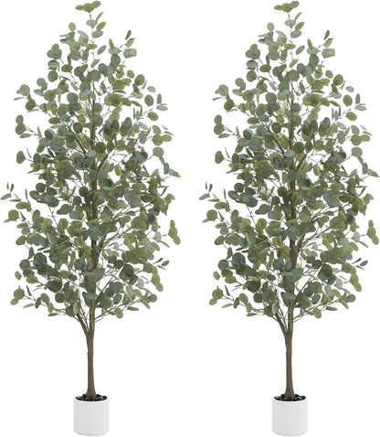 6FT Tall Fake Eucalyptus Plant, Green Silver Dollar Leaves Faux Tree, Artificial Eucalyptus Tree Potted Silk Faux Eucalyptus Tree for Home Office Livingroom Floor Decor Indoor (1, White, 6FT)