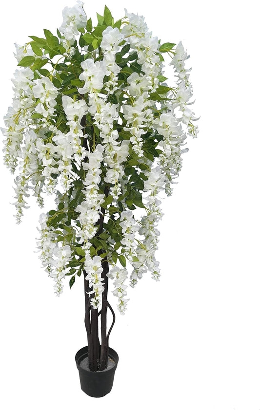 6 Feet Gorgeous and Dense Blooming Wisteria Artificial Tree, Cream White, Pre-Potted with Nursery Pot, Real Touch Tech., Green and White