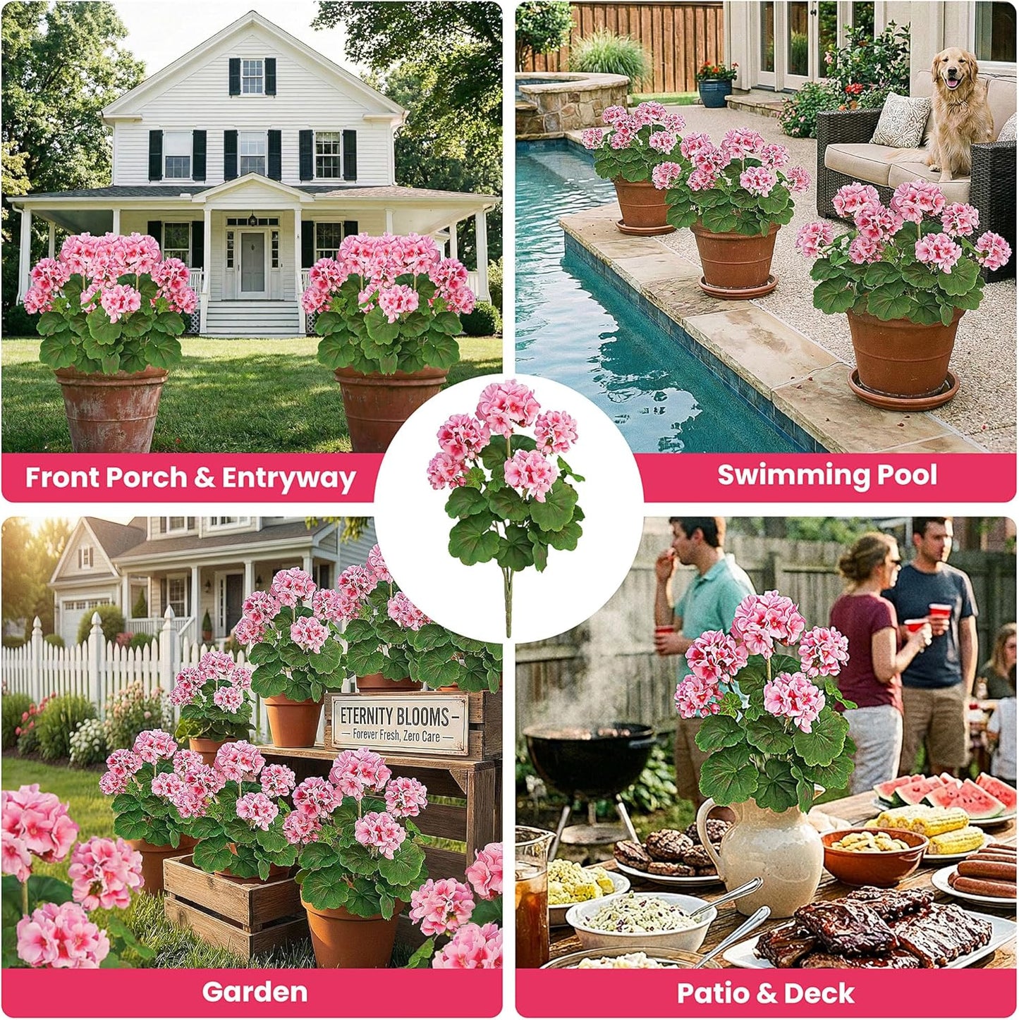 2 PCS 18" Artificial Geraniums for Outdoors, UV Resistant Red Silk Flowers for Window Box Porch Patio Garden Decor, Waterproof Ruby Red