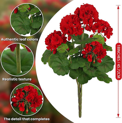 2 PCS 18" Artificial Geraniums for Outdoors, UV Resistant Red Silk Flowers for Window Box Porch Patio Garden Decor, Waterproof Ruby Red