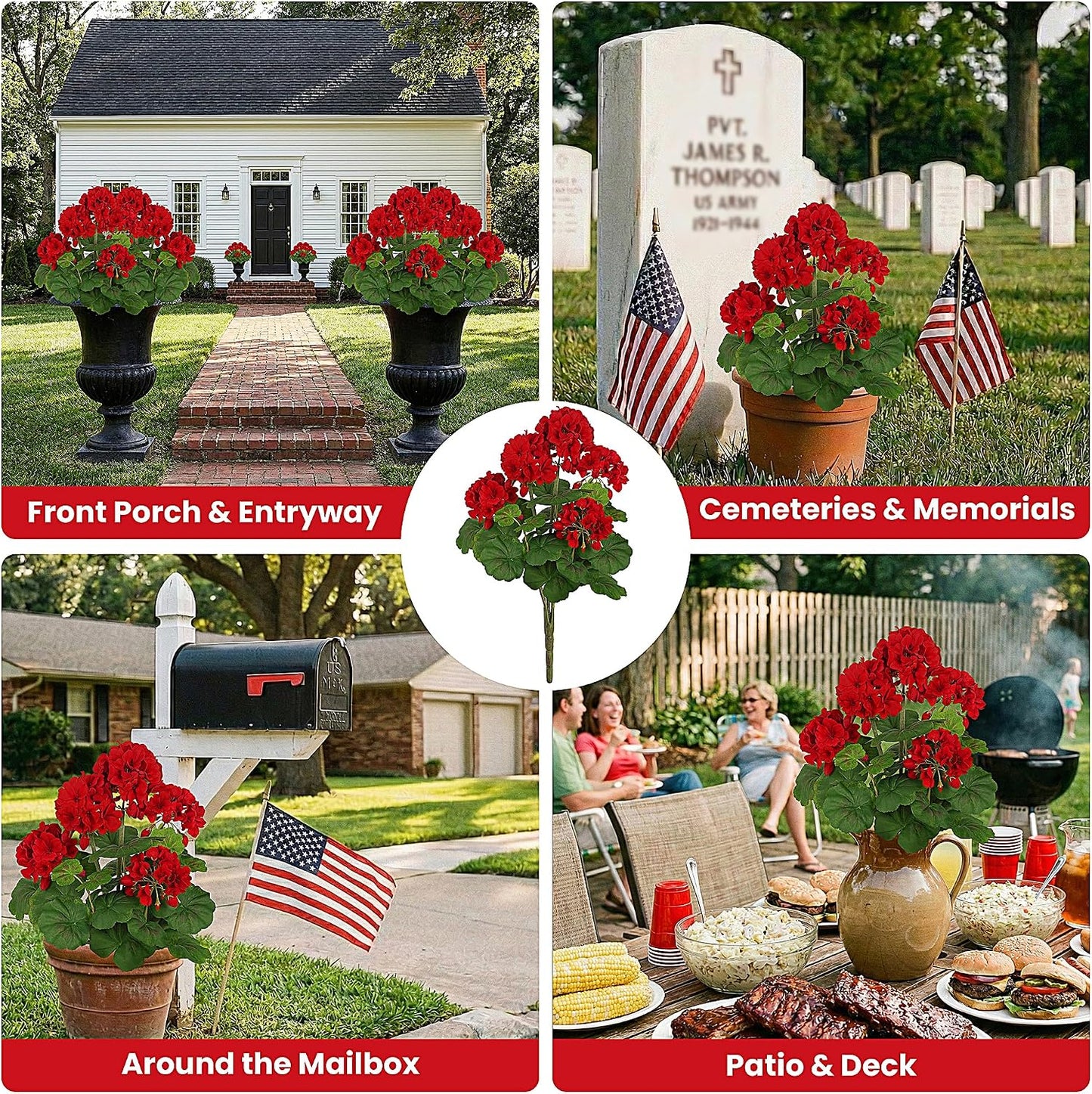 2 PCS 18" Artificial Geraniums for Outdoors, UV Resistant Red Silk Flowers for Window Box Porch Patio Garden Decor, Waterproof Ruby Red
