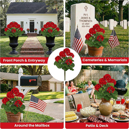 2 PCS 18" Artificial Geraniums for Outdoors, UV Resistant Red Silk Flowers for Window Box Porch Patio Garden Decor, Waterproof Ruby Red