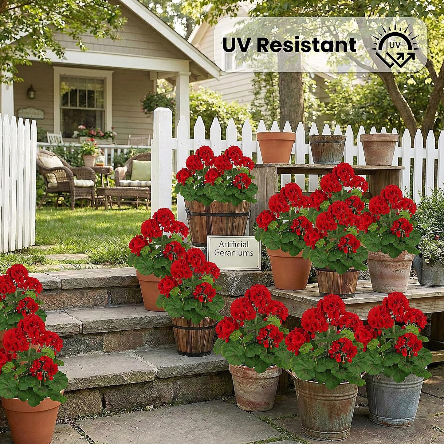 2 PCS 18" Artificial Geraniums for Outdoors, UV Resistant Red Silk Flowers for Window Box Porch Patio Garden Decor, Waterproof Ruby Red