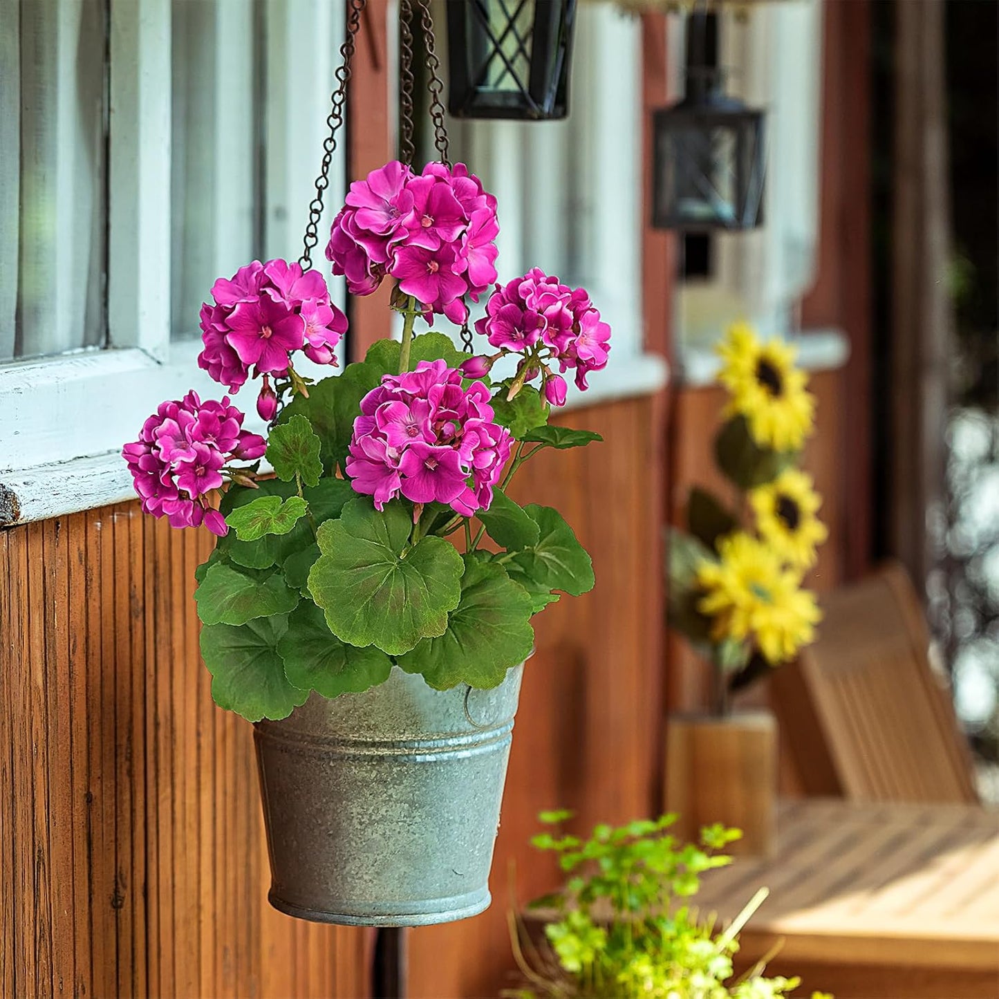 2 PCS 18" Artificial Geraniums for Outdoors, UV Resistant Red Silk Flowers for Window Box Porch Patio Garden Decor, Waterproof Ruby Red