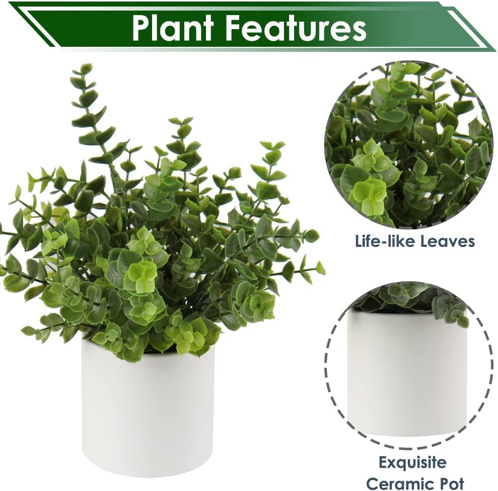Mini Fake Plants Set of 2 Small Faux Plant Eucalyptus Rosemary Greenery Potted Plants Artificial Decor for Home Table Office Room Desk Bathroom Shelf Kitchen Farmhouse Mantel Decoration