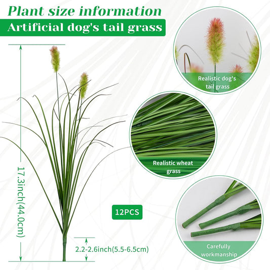 Artificial Grass Plants, Faux Shrubs Wheat Grass, Artificial Tall Grass Fake Plants for Outdoor Decor,Artificial Greenery Stems Weed for Room Indoor Home Decor（Green Red Tail）