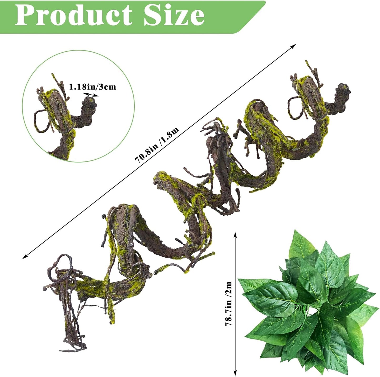 Extra Large Reptile Vines Thick Terrarium Plants 78 Inches Long Flexible Climbing Branch with Leaves Snake Tank Accessories Greenery Habitat Decor for Bearded Dragon Chameleon Gecko Lizard